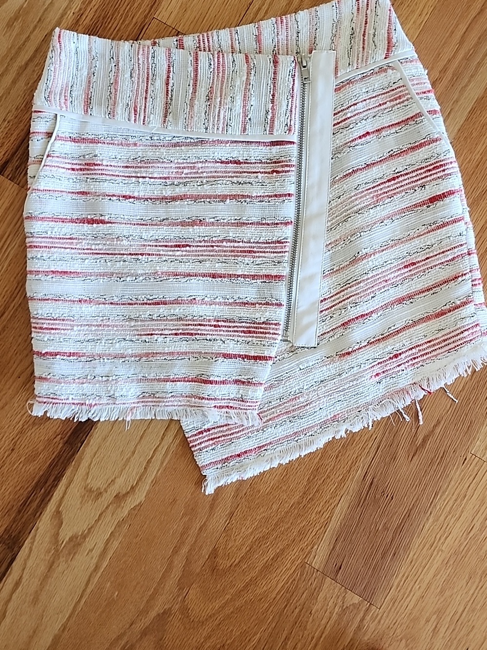 W118 by Walter Baker White Tweed Asymmetrical Mini Skirt with Coral Stripes